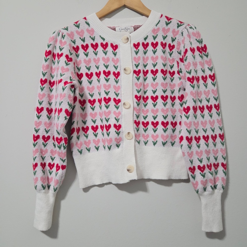 Jessica Simpson Heart Print Cardigan Sweater White Pink Red ST047V2 Womens Small